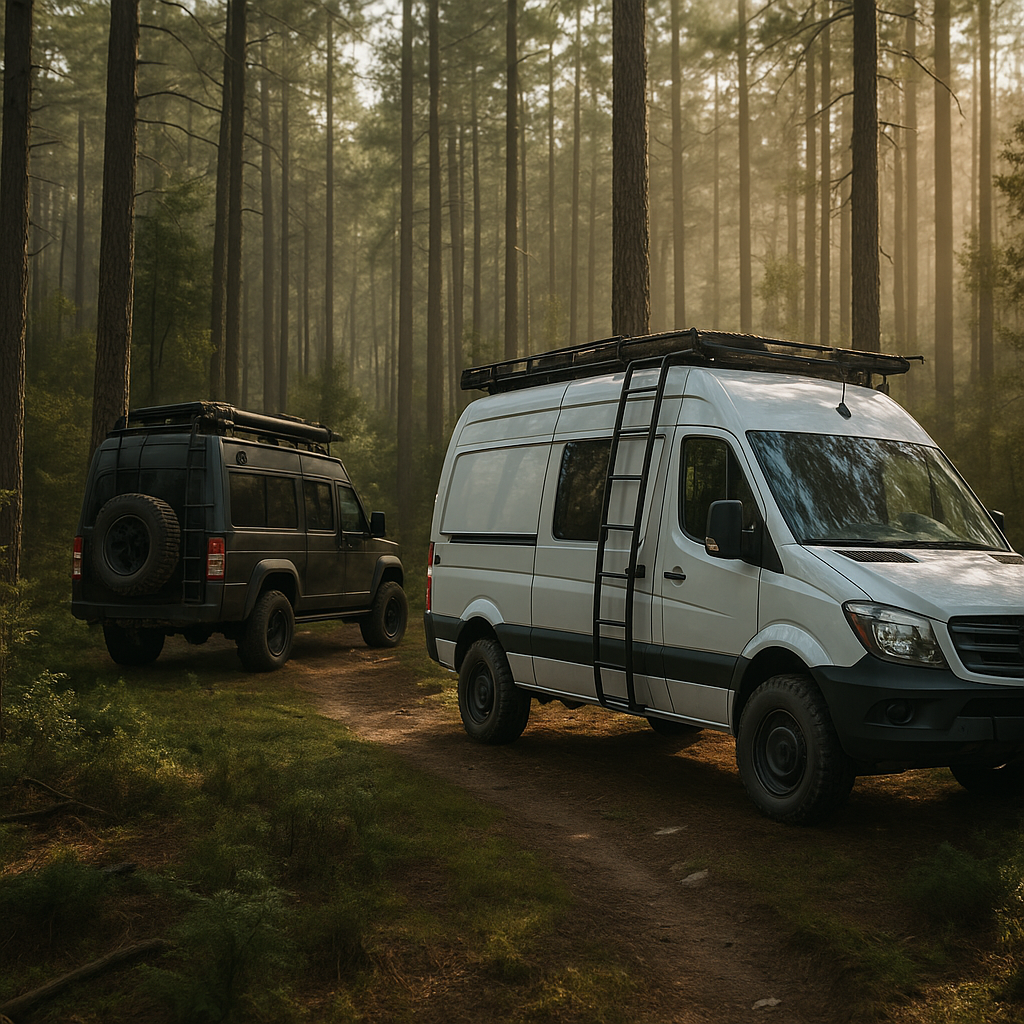 Off-grid vans in forest environment for outdoor adventure satellite communications